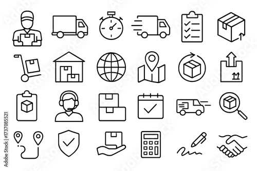 Logistics and delivery icon set. Courier service, shipping, and express transport thin line icons. Order tracking, warehouse, support, and distribution vector pictograms.