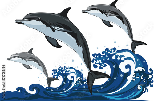 A pod of dolphins jumping in the waves.Dolphin jumping out of water on white background.Dolphin logo illustration.