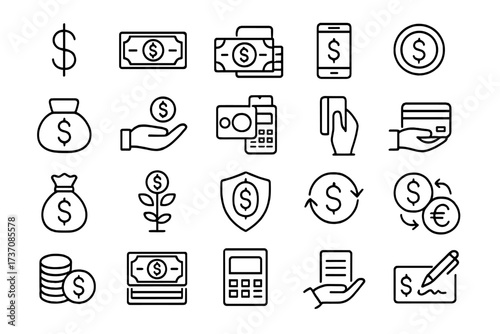 Set of 24 money and finance line icons. Collection of vector symbols for payment, banking, business, investment, cash, credit card, currency exchange, savings, and mobile pay.