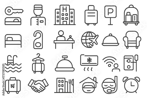 Hotel icon collection. Hospitality service line icons. Travel, booking, accommodation. Vector symbols for room, reception, luggage, wifi, pool, food, parking, business.