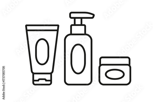 Cosmetic bottle line icon set. Skincare packaging outline vector. Cream tube, lotion dispenser, and jar container. Beauty product symbol for mock-up. Simple hygiene illustration.