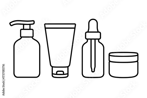 Cosmetic bottle outline icon set for beauty and skincare. Skincare packaging collection with cream tube, lotion pump, serum dropper, and jar. Linear vector for beauty design.