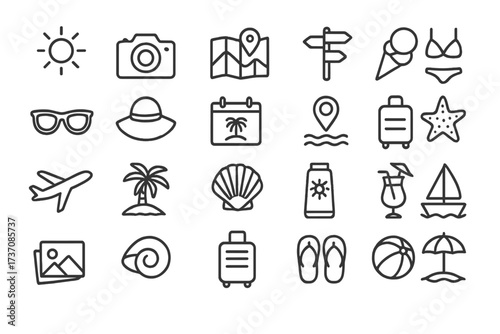 Summer vacation and travel icon set. Beach holiday and tourism outline symbols. Line art collection for web and mobile design. Sun, sea, palm tree, and luggage vectors.