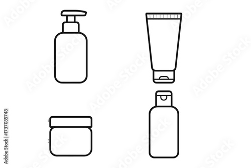 Cosmetic packaging icon set. Line art of beauty product containers. Vector outline illustration of pump bottle, cream tube, jar, and shampoo bottle for web and graphic design.