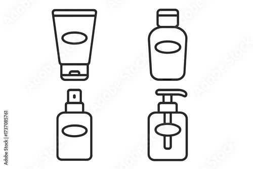 Cosmetic bottle line icon set. Skincare packaging outline symbols. Vector graphic elements for beauty products. Includes tube, spray, pump dispenser, and shampoo container.