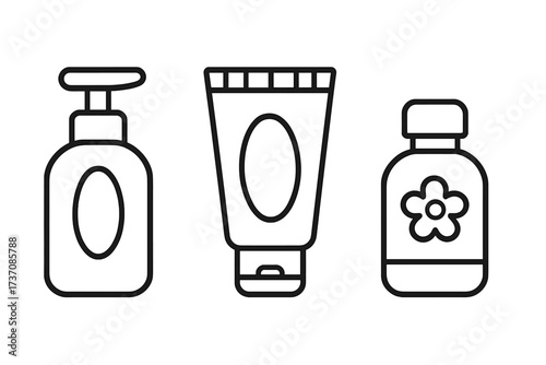 Cosmetic bottle outline icon set for beauty and skincare. Vector illustration of a pump dispenser, cream tube, and lotion bottle. Minimalist line art for web and graphic design.