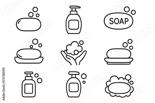 Soap line icon set. Bar and liquid soap, dispenser, bubbles, foam. Hand washing, hygiene concept. Cleanliness symbol. Vector pictogram collection for web, apps, print.