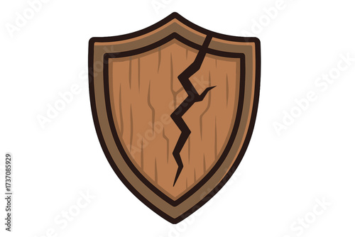 Cracked shield vector icon. Metaphor for vulnerability, insecurity, data breach, and failed protection. Damaged wooden defense symbol. Concept of risk, danger, and attack.