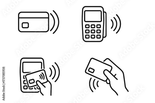 Set of NFC payment linear icons. Contactless transaction with credit card and POS terminal. Wireless pay pass technology for customer payment. Vector line icon collection.