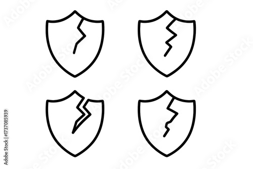 Cracked shield icon set. Concept of security breach, vulnerability, or data leak. Broken protection symbol. Unsecured, risk, danger, and weak defense metaphor. Vector illustration.