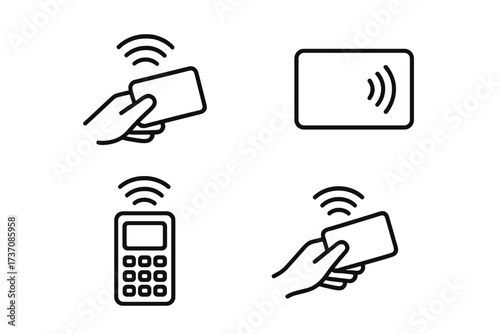 Set of NFC payment linear icons. Contactless pay pass and wireless transaction technology. Hand holding a credit card at a POS terminal. Vector for digital wallet apps.