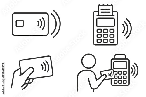 NFC payment vector linear icon set. Contactless transaction with credit card and POS terminal. Wireless pay pass technology concept. Customer making a purchase using tap to pay.