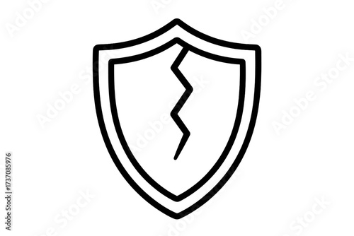 Cracked shield icon vector. Concept for broken security, vulnerability, weak defense, failed protection. Unsafe symbol of risk, danger, data breach, insecure system, no guard.