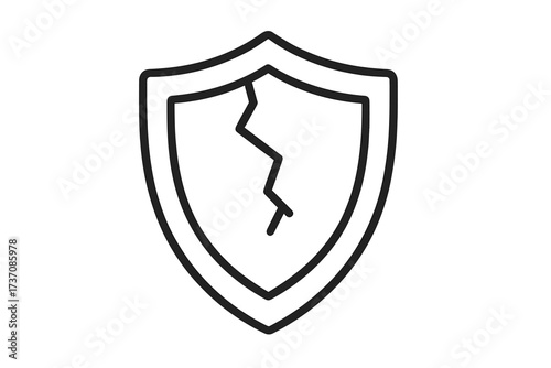 Broken shield icon. Metaphor for vulnerability, risk and insecurity. Cracked protection symbol. Security failure, data breach, danger concept. Vector line art illustration.