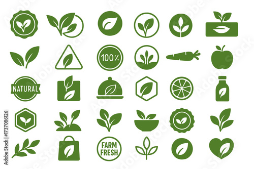 Set of vegan, eco, bio, and organic food labels. A collection of green logos, badges, and emblems for natural products. Healthy, vegetarian, and farm fresh icon pack for packaging.