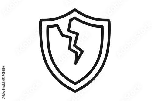 Cracked shield icon. Broken security symbol. Concept of vulnerability, data breach, risk, and danger. Unsafe, unprotected, and damaged defense. Vector illustration isolated.