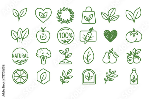Collection of vegan food line icons. Set of organic, bio, eco, and 100% natural product symbols. Healthy eating badges, labels and emblems for green packaging and design.