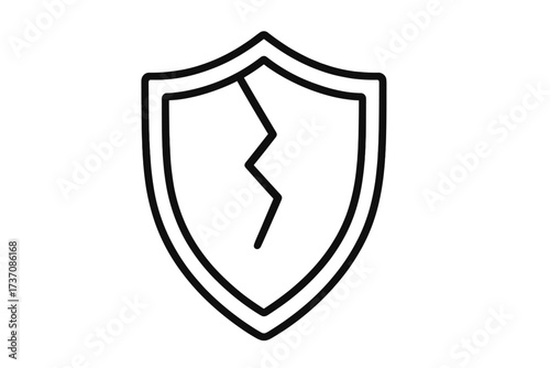 Broken shield line icon. Cracked shield. Vulnerability, risk, and data breach metaphor. No protection, unsafe and insecure concept. Symbol of error, danger, and system failure.