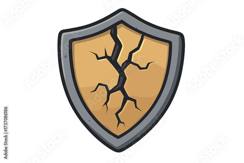 Broken shield icon. Metaphor for vulnerability, risk, failed security. Damaged protection symbol. Concept of data breach, weak defense, danger, cyber attack, unsafe system.