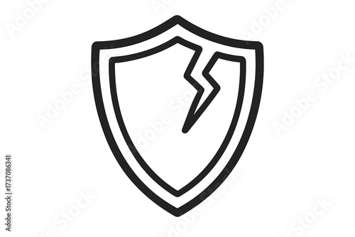 Broken shield icon. Metaphor for vulnerability, risk, and failed security. Damaged defense symbol for data breach, cyber attack, or lack of protection. Linear vector illustration.