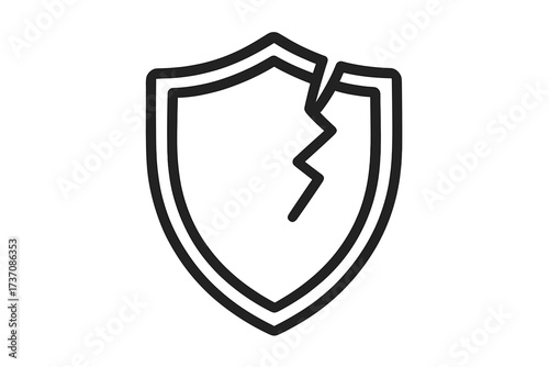 Cracked shield linear icon. Broken protection sign. Concept of vulnerability, risk, and danger. Unsafe, weak defense symbol. Security failure or data breach metaphor.