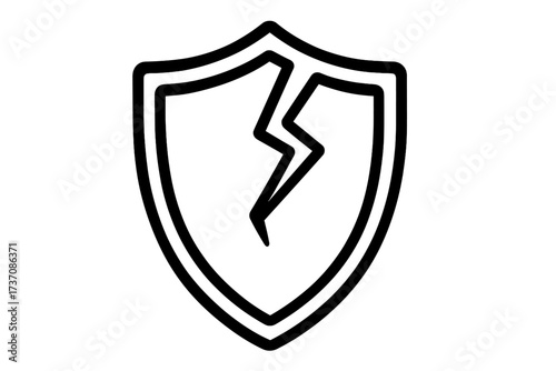 Cracked shield line icon. Concept of vulnerability, risk, and broken protection. Unsafe, insecure, and unprotected symbol. Data breach and loss of defense metaphor. Vector illustration.