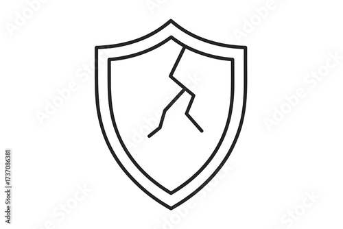 Cracked shield line icon. Broken security symbol. Data breach metaphor. Unprotected, unsafe, vulnerability concept. Damaged guard. Risk, danger pictogram. Security failure.