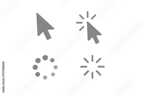 Computer mouse cursor icon set. Gray arrow pointer for click and select, plus circular loading spinner for wait state. Vector graphic user interface element for website design.