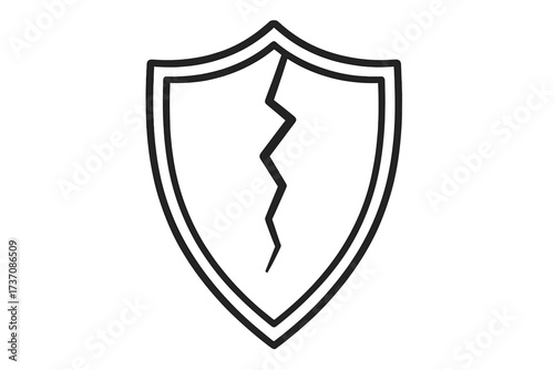 Cracked shield outline icon. Broken protection and defense symbol. Metaphor of vulnerability, data breach, risk, failure, and attack. Damaged security sign. Unsafe vector.