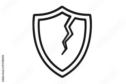 Broken shield outline icon. Concept of vulnerability, data breach, and lost protection. Unsafe, insecure, no defense. Hacked system, privacy risk and security failure symbol.