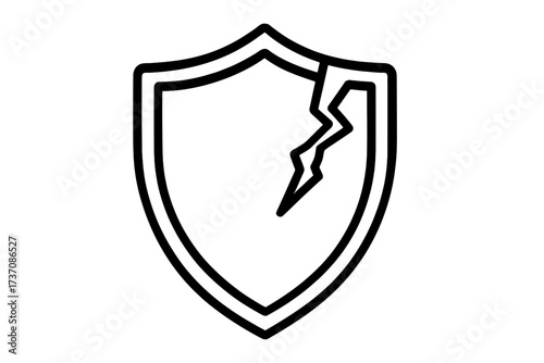 Cracked shield icon. Broken security symbol. Vulnerability concept. Metaphor for data breach, risk, danger, and failed protection. Unsafe, weak, and unprotected sign. Vector.