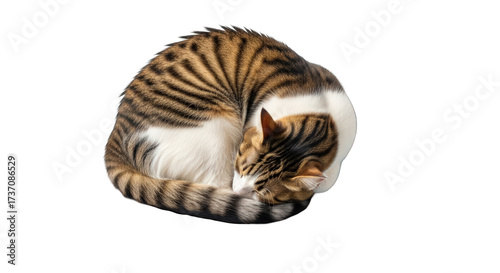 A curled up tabby cat sleeping peacefully on a greenscreen background.