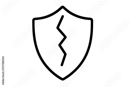 Cracked shield line icon. Concept of vulnerability, risk, weak defense, and danger. Symbol of broken security, data breach, system failure, unsafe, and error. Vector.