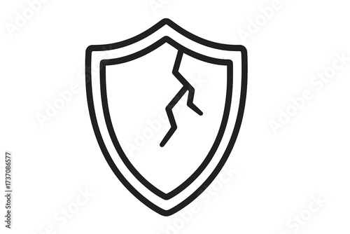 Cracked shield line icon for vulnerability concepts. Damaged defense symbol representing risk, danger, and no protection. Unsafe, broken, weak security system pictogram.