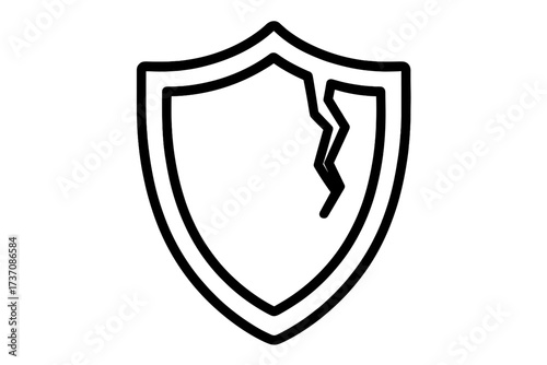 Cracked shield outline icon. Broken security concept. Metaphor for vulnerability, data breach, risk, failure, and defenselessness. Vector graphic for web and apps.