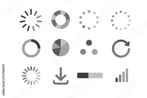 Set of loading and progress bar vector icons. UI, UX design elements for websites and mobile apps. Download, update, refresh, buffering and preloader signs collection.