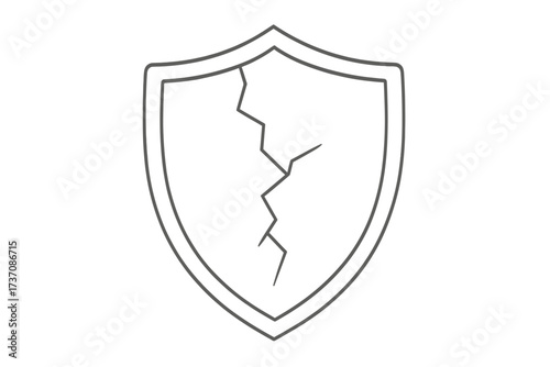 Cracked shield line icon. Concept of vulnerability, risk, and broken security. Symbol of danger, damage, and unprotected system. Metaphor for data breach or failed defense.