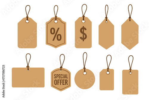 Vector set of retro paper sale tags and labels. Blank cardboard shopping templates. Vintage kraft price tag collection for retail discount, promotion and special offer.