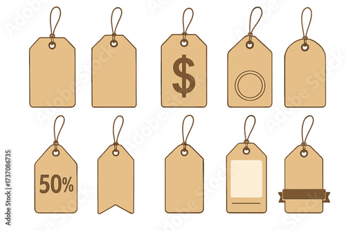 Set of vintage sale tags and shopping labels. Vector collection of blank retro cardboard price tags. Special offer, discount, and promotion concept with 50% off and dollar sign.
