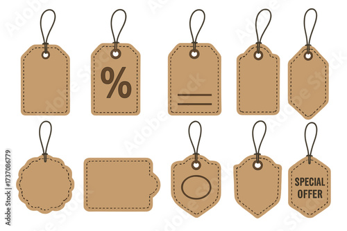 Set of vintage sale tags and labels. Collection of retro shopping labels. Blank discount and price tags on craft paper. Special offer and percent sign. Vector illustration for retail.