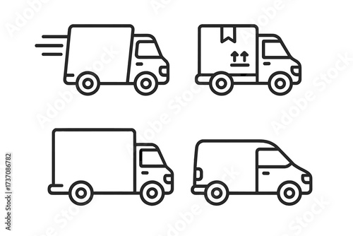 Delivery truck van icon set. Shipping logistics service symbol collection. Editable stroke line art for web and app. Fast transport, cargo, freight, moving vector signs.