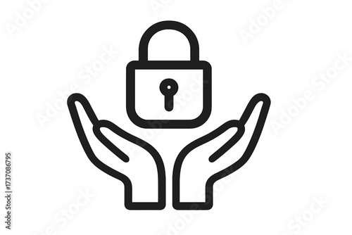 Data protection and security concept. Hands holding a padlock, symbol of trust and safety. Minimalist line icon for privacy policy, secure access and information care.