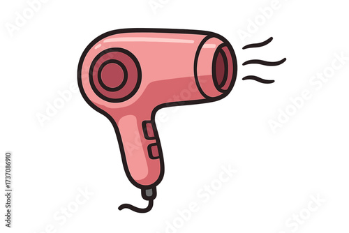 Hair dryer vector icon. Cartoon blow dryer illustration for beauty salon and hairstyling. Simple pink hairdressing appliance graphic for personal care, app, and web design.