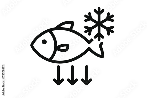 Frozen fish line icon. Seafood freezing and thawing process. Cold food storage symbol. Fresh seafood industry concept. Minimalist vector illustration for packaging and web.