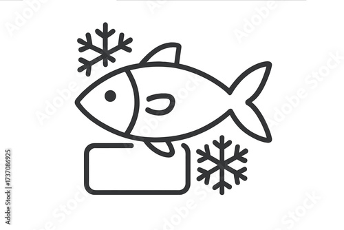 Frozen fish outline icon. Minimalistic linear pictogram of fresh seafood on ice block with snowflakes. Vector symbol for food market, packaging, or grocery store logo design.