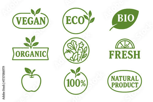 Set of vegan, eco, bio, and organic food labels. Collection of green logos and badges for fresh, healthy, 100% natural products. Vector icon emblems for food packaging.