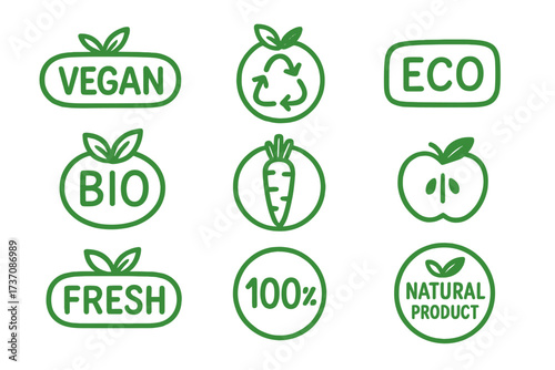 Set of vegan, eco, bio and organic food badges. Collection of green line icons for natural products. Healthy food labels, emblems and tags for packaging and vegetarian menu.