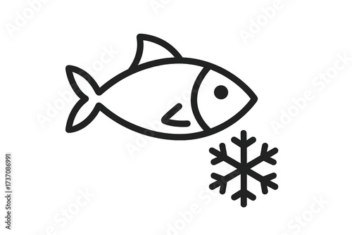 Frozen fish icon vector. Minimalistic line art symbol of seafood with snowflake. Concept for freezing, cold storage, food packaging, and grocery store label. Simple graphic.