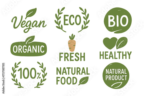 Big set of vegan, eco, bio, organic food labels. Collection of fresh, healthy, 100 percent natural product emblems, badges, logos and tags for packaging, cafe or market.