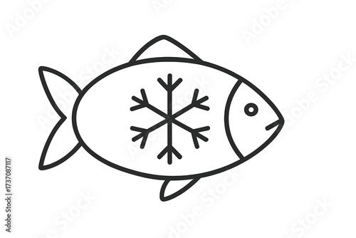 Frozen fish linear icon. Seafood outline symbol for packaging or label. Cold food storage concept with snowflake. Vector pictogram for grocery store, market, restaurant menu.